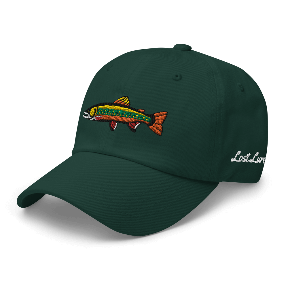 Brook Trout fishing hat. It’s a simple embroidered hat/ dad hat with a brook trout and the lost lure logo on the side. dark green, front left side