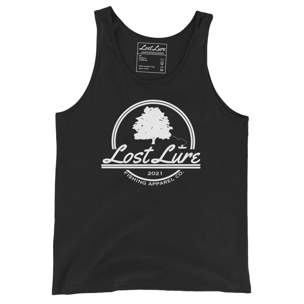 Grey Lost Lure Fishing Logo Tank Top with white logo.