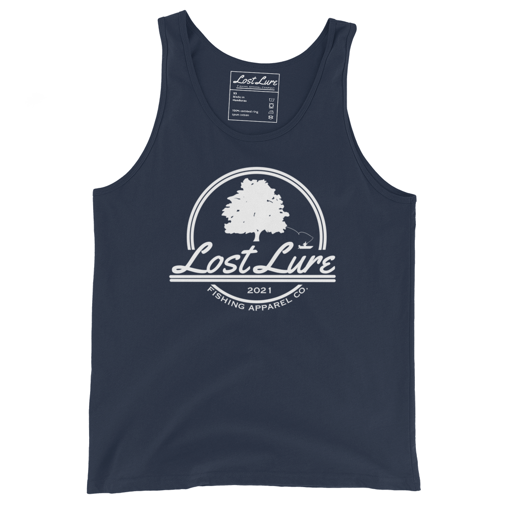 Blue Lost Lure Fishing Logo Tank Top with white logo.