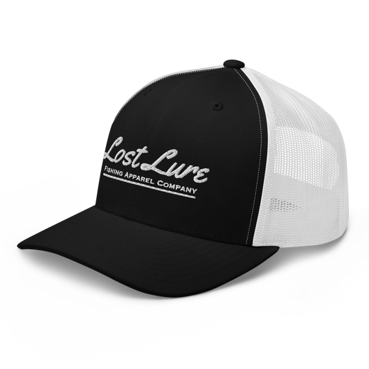 Black and white Lost lure fishing trucker hat. Front left side