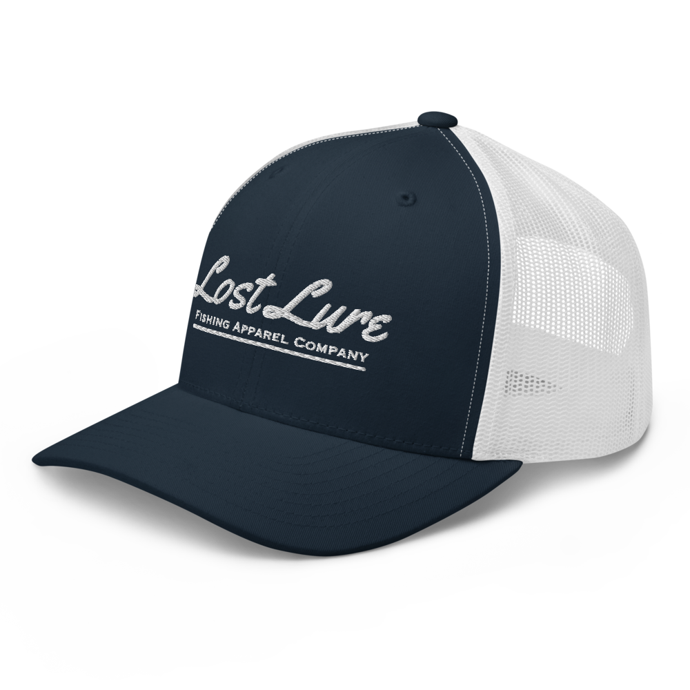 Blue and white Lost lure fishing trucker hat. Front left side