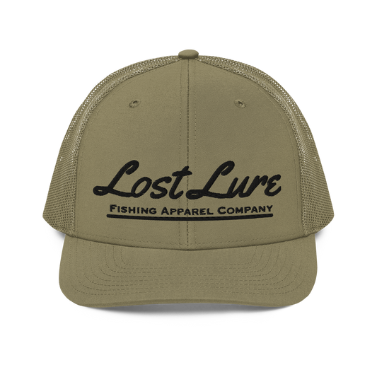 Green Lost lure fishing trucker hat. Front side 