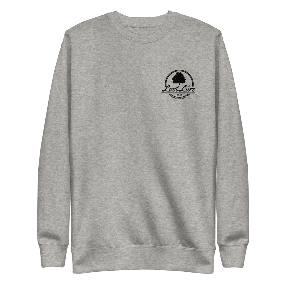 Fly fishing Lost pullover / sweatshirt. It has a design on the back of the sweatshirt of a black and white outline a fly fisherman and the Rocky Mountains. Grey fishing pullover, front side