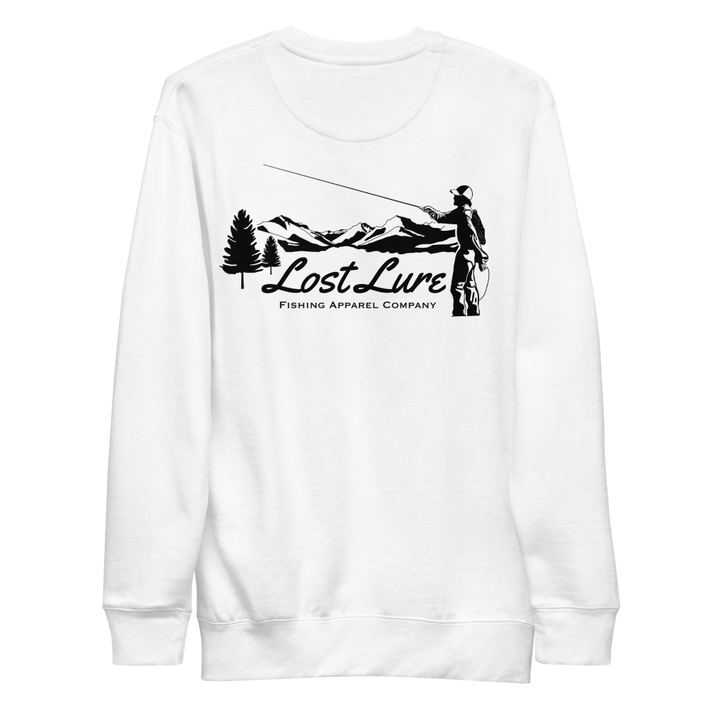 Fly fishing Lost pullover / sweatshirt. It has a design on the back of the sweatshirt of a black and white outline a fly fisherman and the Rocky Mountains. White fishing pullover, back side 