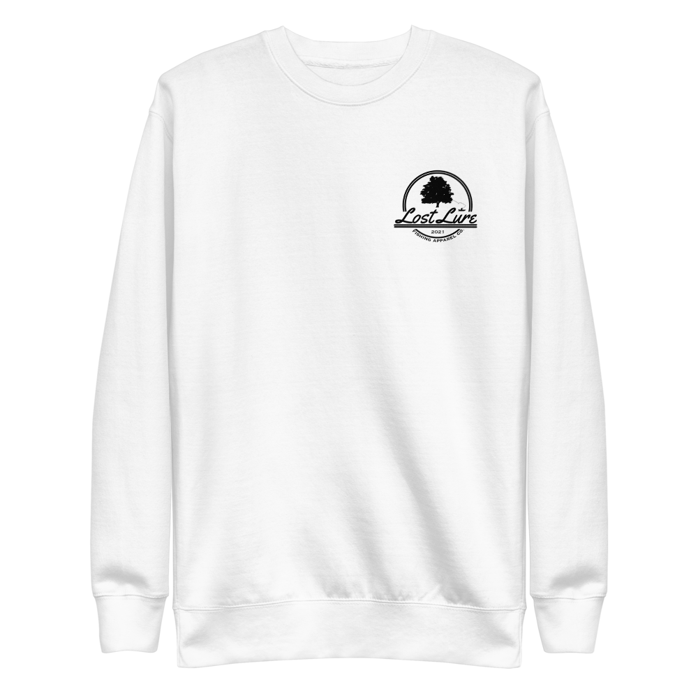 Fly fishing Lost pullover / sweatshirt. It has a design on the back of the sweatshirt of a black and white outline a fly fisherman and the Rocky Mountains. White fishing pullover. Front side