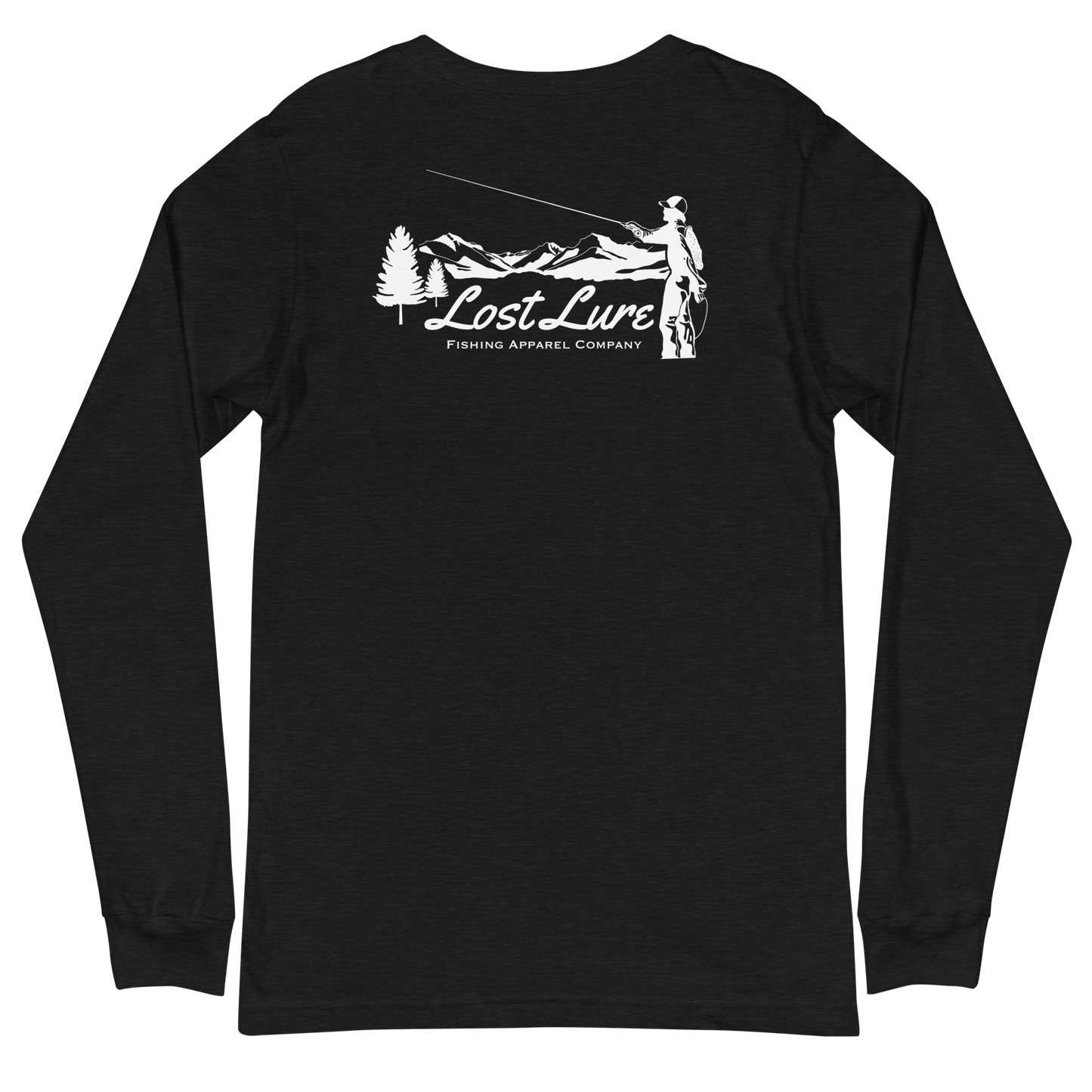 Fly fishing Lost lure long sleeve shirt. It has a design on the back of the shirt black and white outline a fly fisherman and the Rocky Mountains. Black fishing shirt, back side
