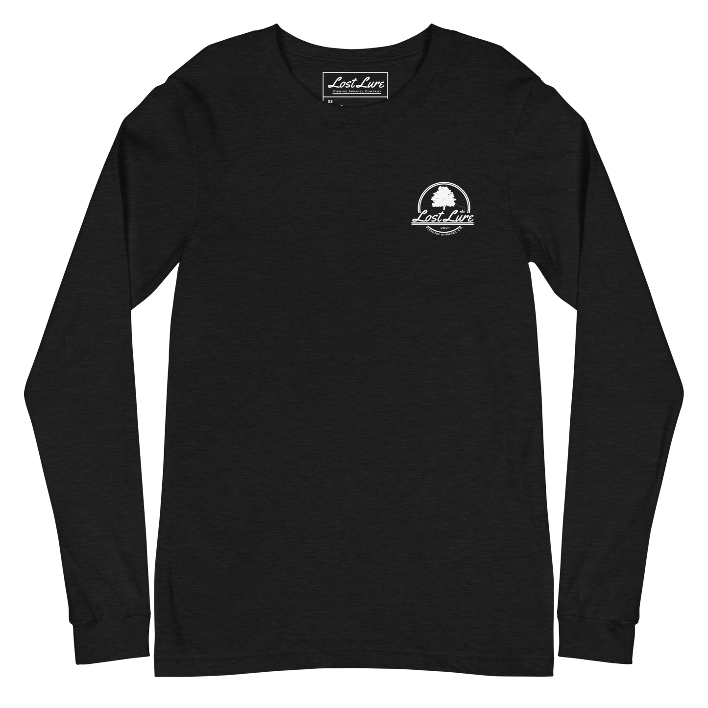 Fly fishing Lost lure long sleeve shirt. It has a design on the back of the shirt black and white outline a fly fisherman and the Rocky Mountains. Black fishing shirt, front side 