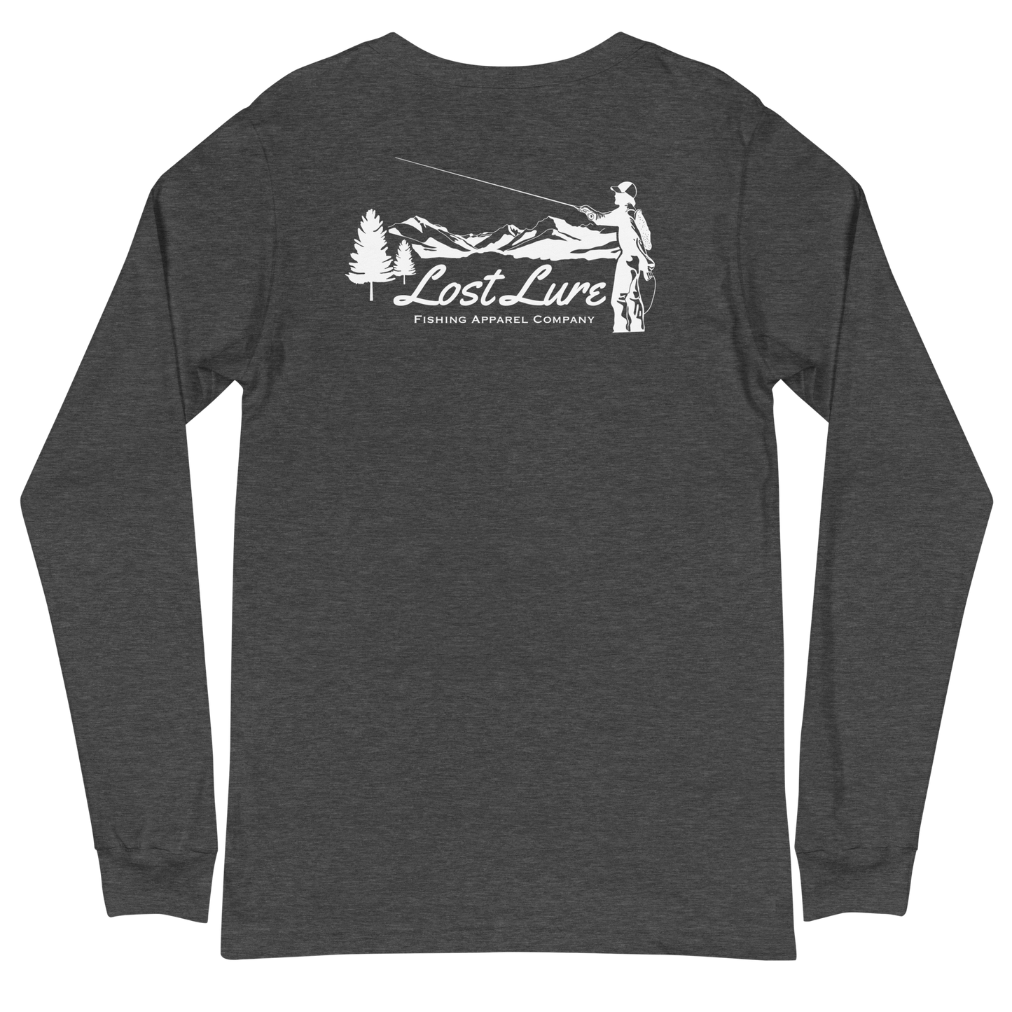 Fly fishing Lost lure long sleeve shirt. It has a design on the back of the shirt black and white outline a fly fisherman and the Rocky Mountains. Grey fishing shirt, back side