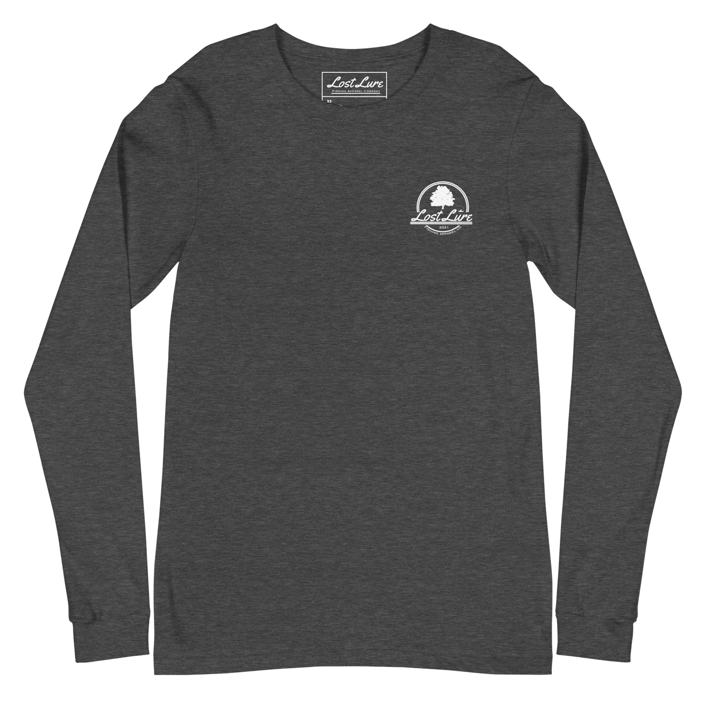 Fly fishing Lost lure long sleeve shirt. It has a design on the back of the shirt black and white outline a fly fisherman and the Rocky Mountains. Grey fishing shirt, front side