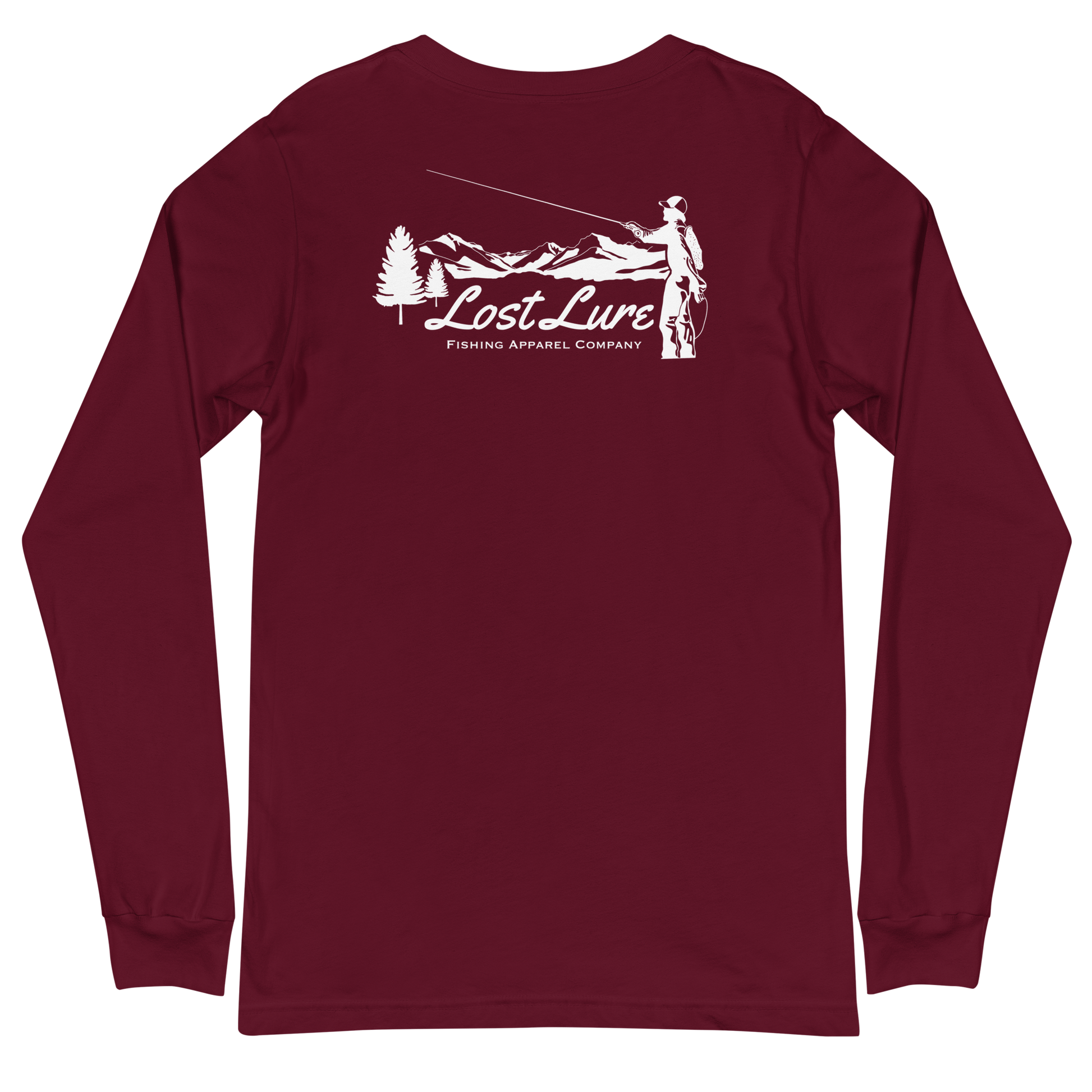 Fly fishing Lost lure long sleeve shirt. It has a design on the back of the shirt black and white outline a fly fisherman and the Rocky Mountains. Red fishing shirt, back side