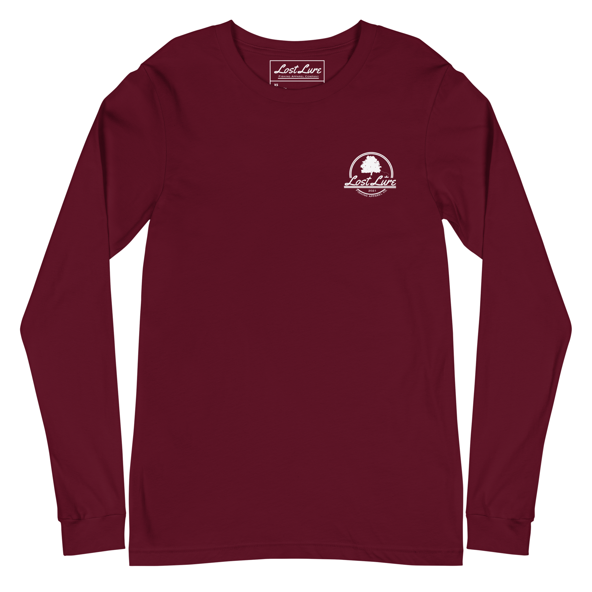 Fly fishing Lost lure long sleeve shirt. It has a design on the back of the shirt black and white outline a fly fisherman and the Rocky Mountains. Maroon fishing shirt, front side