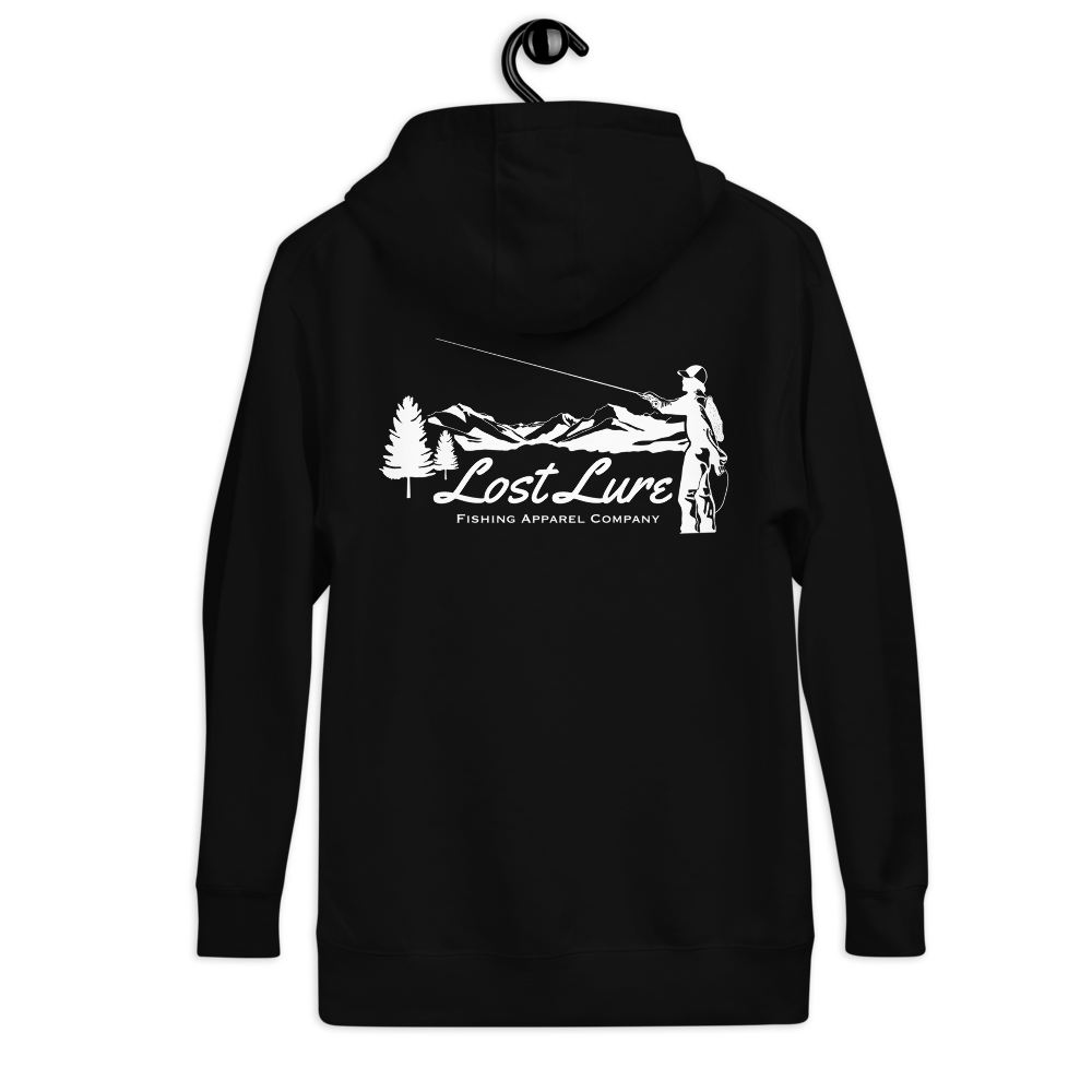 Fly fishing hoodie made by Lost Lure. It has a design on the back with a fly fisherman and the Rocky Mountains. Black Fishing hoodie, back side