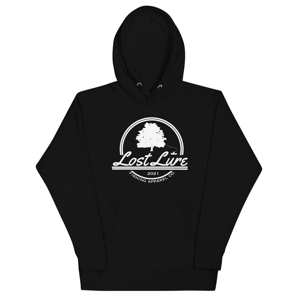 Lost lure fishing hoodie with logo. Black