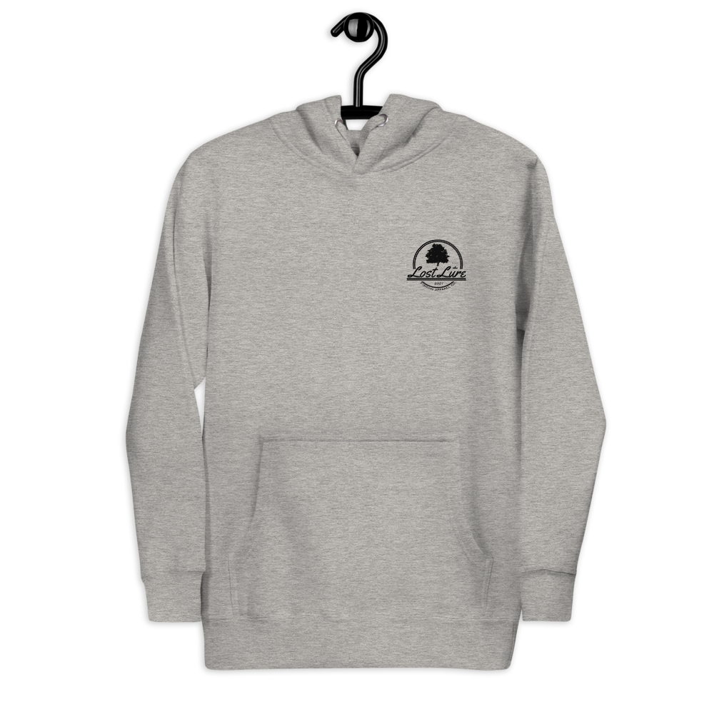Fly fishing hoodie made by Lost Lure. It has a design on the back with a fly fisherman and the Rocky Mountains. Grey Fishing hoodie, front side