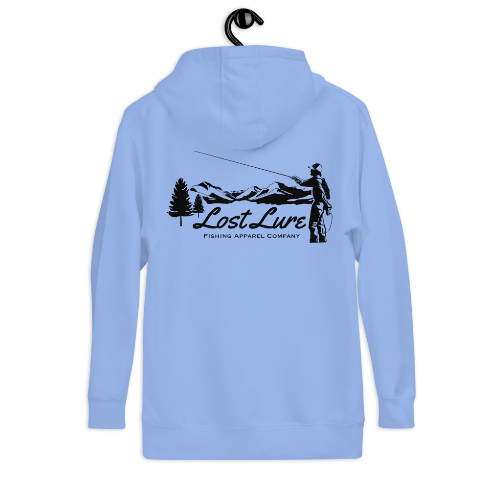Fly fishing hoodie made by Lost Lure. It has a design on the back with a fly fisherman and the Rocky Mountains. Light blue Fishing hoodie, back side