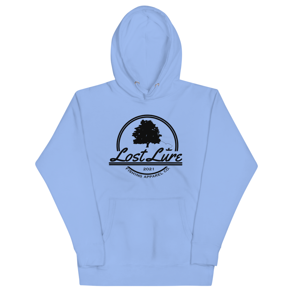 Lost lure fishing hoodie with logo. Blue