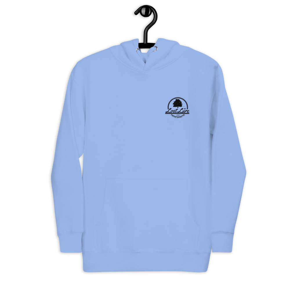 Fly fishing hoodie made by Lost Lure. It has a design on the back with a fly fisherman and the Rocky Mountains. Light blue Fishing hoodie, front side 