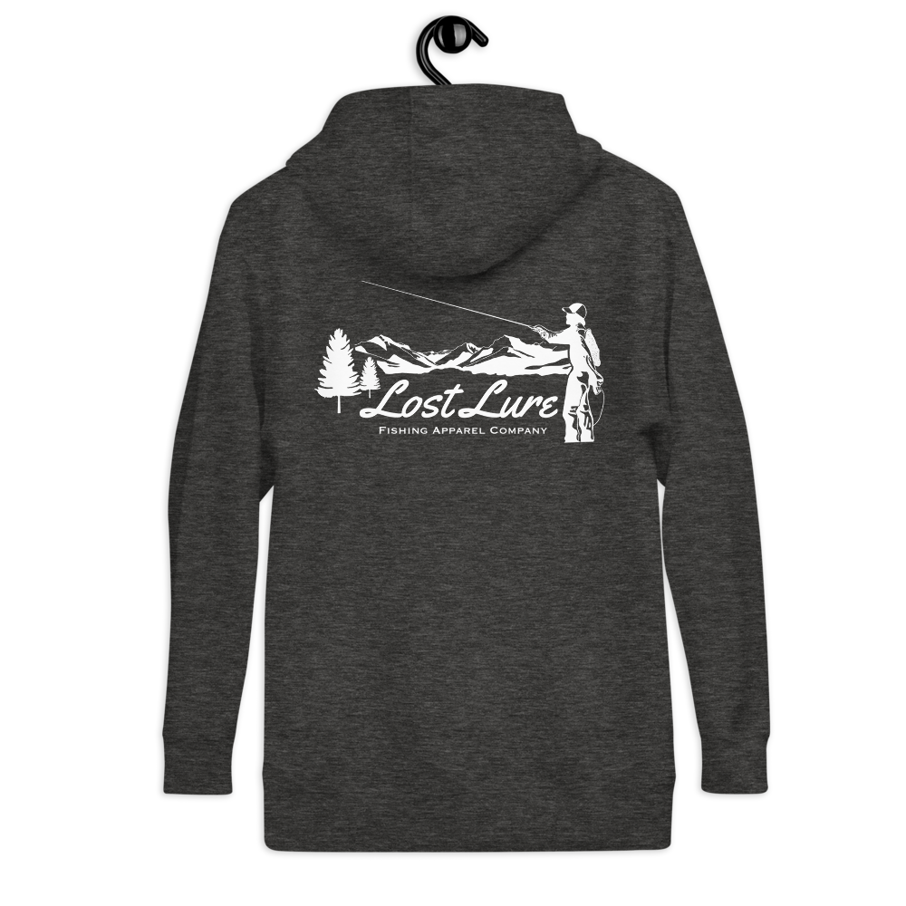 Fly fishing hoodie made by Lost Lure. It has a design on the back with a fly fisherman and the Rocky Mountains. Grey Fishing hoodie, back side