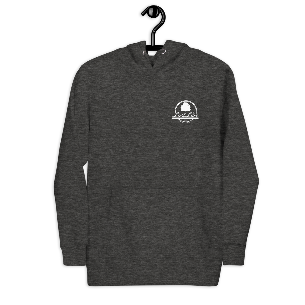 Fly fishing hoodie made by Lost Lure. It has a design on the back with a fly fisherman and the Rocky Mountains. Grey Fishing hoodie, front side