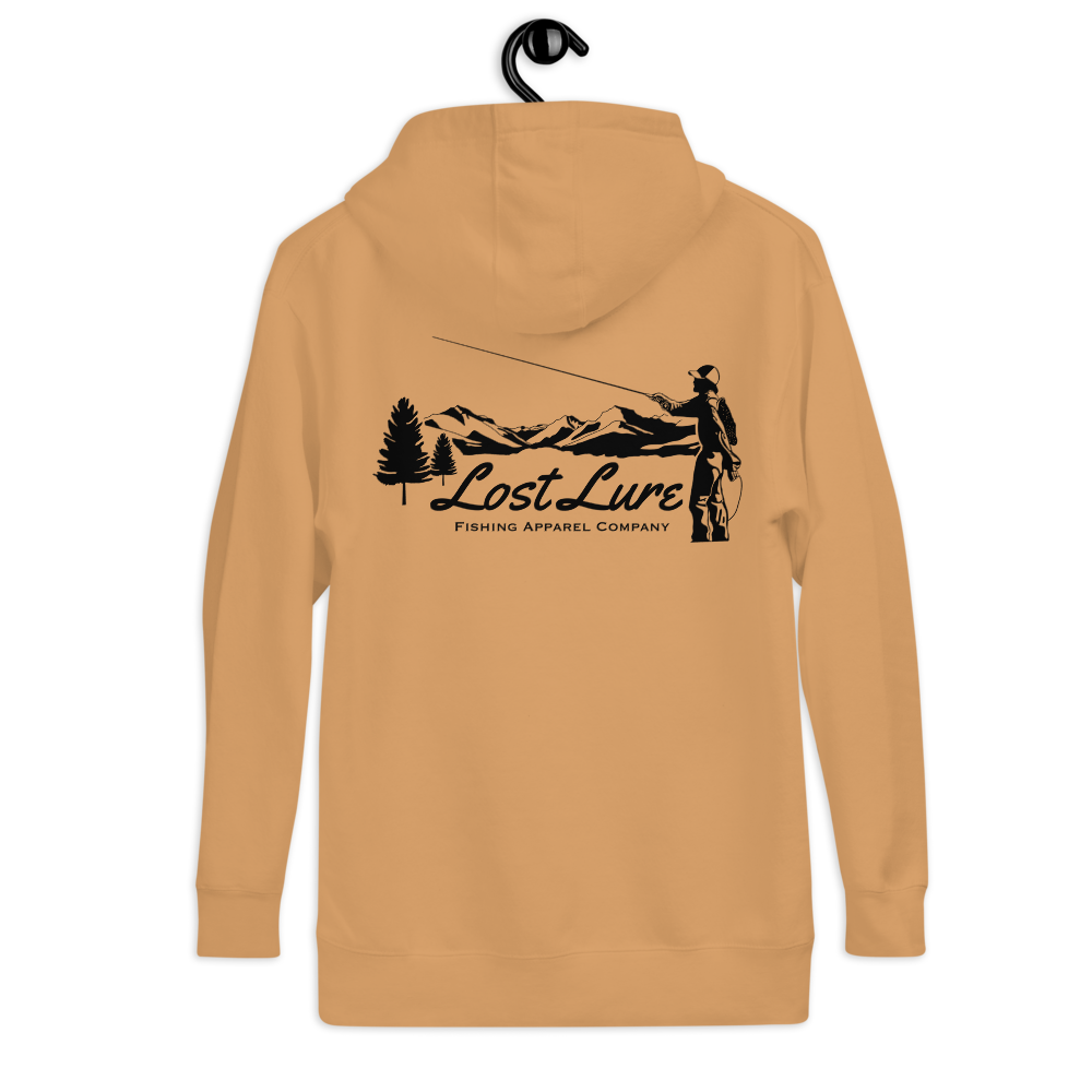 Fly fishing hoodie made by Lost Lure. It has a design on the back with a fly fisherman and the Rocky Mountains. yellow Fishing hoodie, back side