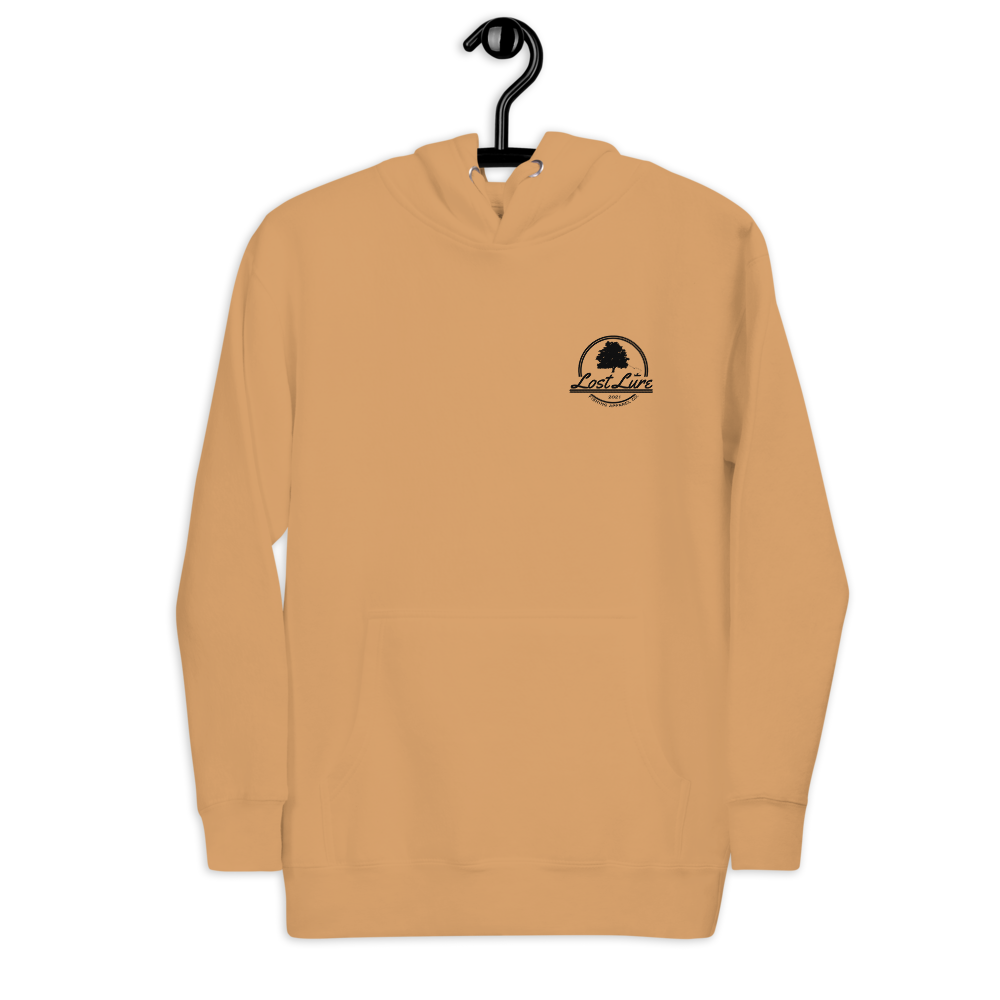 Fly fishing hoodie made by Lost Lure. It has a design on the back with a fly fisherman and the Rocky Mountains. Yellow Fishing hoodie, front side