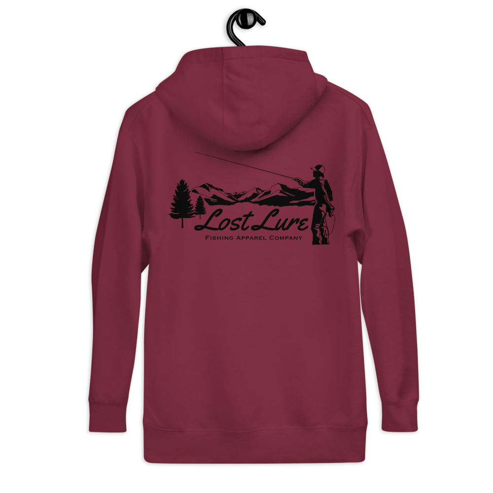 Fly fishing hoodie made by Lost Lure. It has a design on the back with a fly fisherman and the Rocky Mountains. Maroon Fishing hoodie, back side