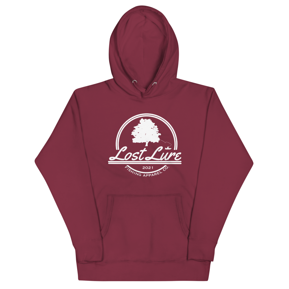 Lost lure fishing hoodie with logo. Maroon