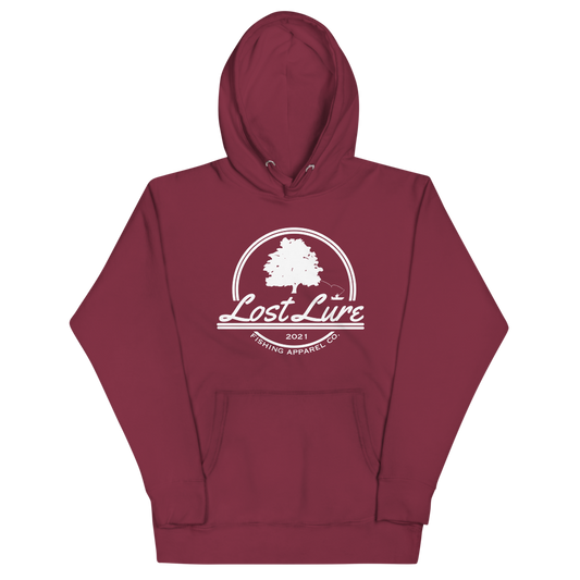 Lost lure fishing hoodie with logo. Maroon
