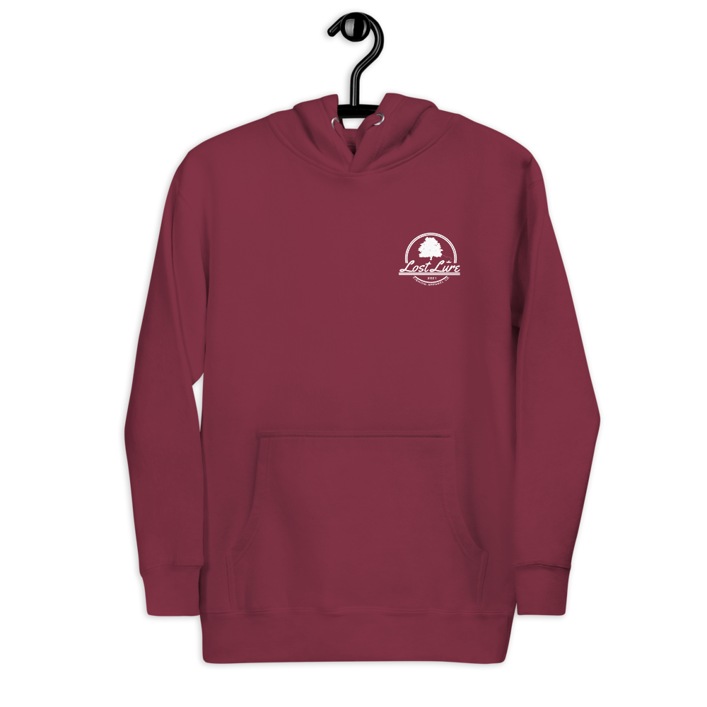Fly fishing hoodie made by Lost Lure. It has a design on the back with a fly fisherman and the Rocky Mountains. Maroon Fishing hoodie, front side
