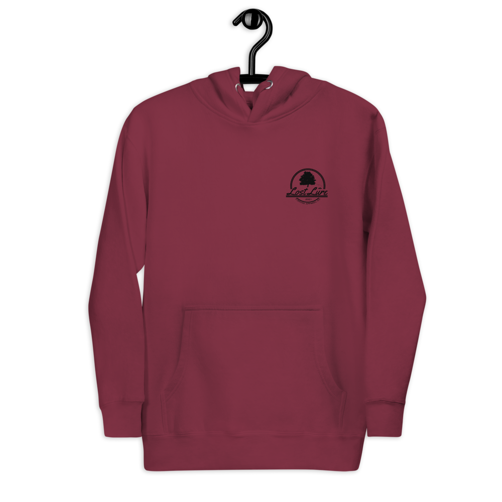 Fly fishing hoodie made by Lost Lure. It has a design on the back with a fly fisherman and the Rocky Mountains. Maroon Fishing hoodie, front side