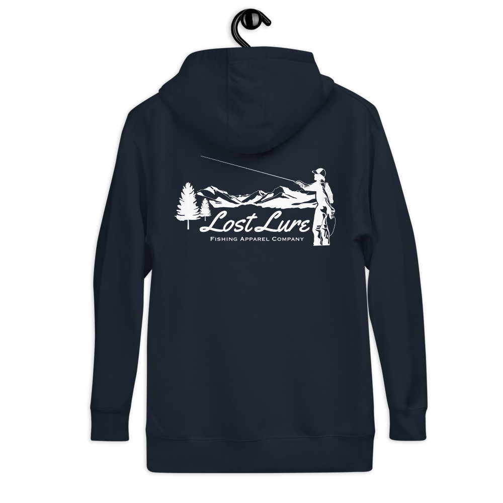 Fly fishing hoodie made by Lost Lure. It has a design on the back with a fly fisherman and the Rocky Mountains. Dark blue Fishing hoodie, back side