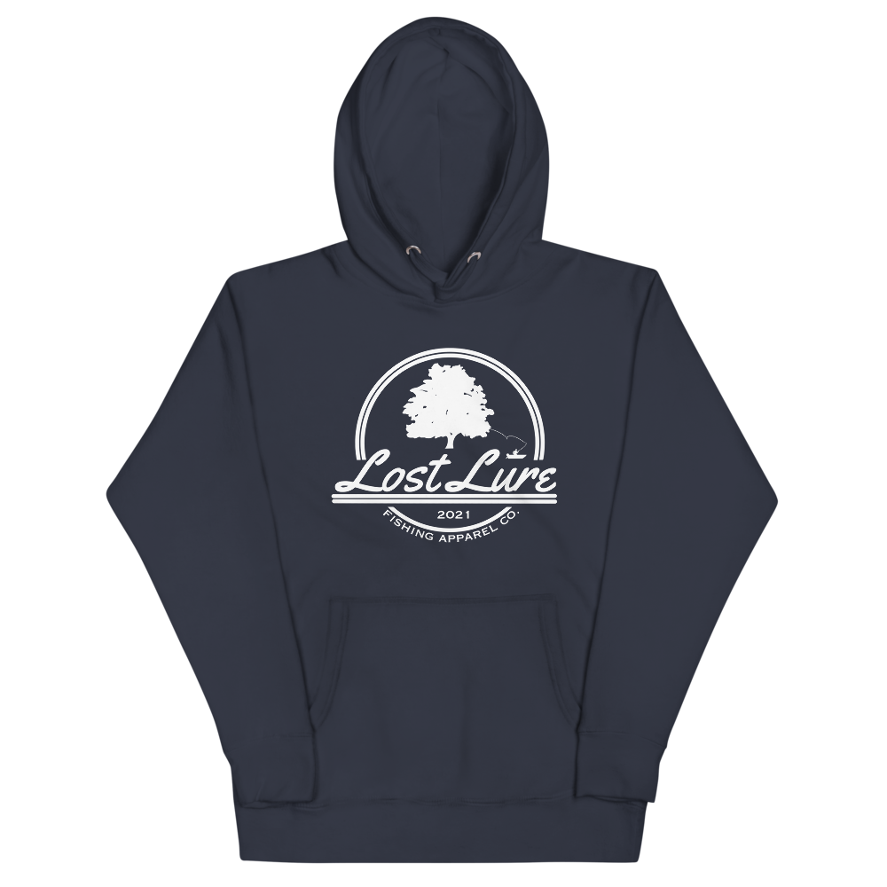 Lost lure fishing hoodie with logo. Navy blue 