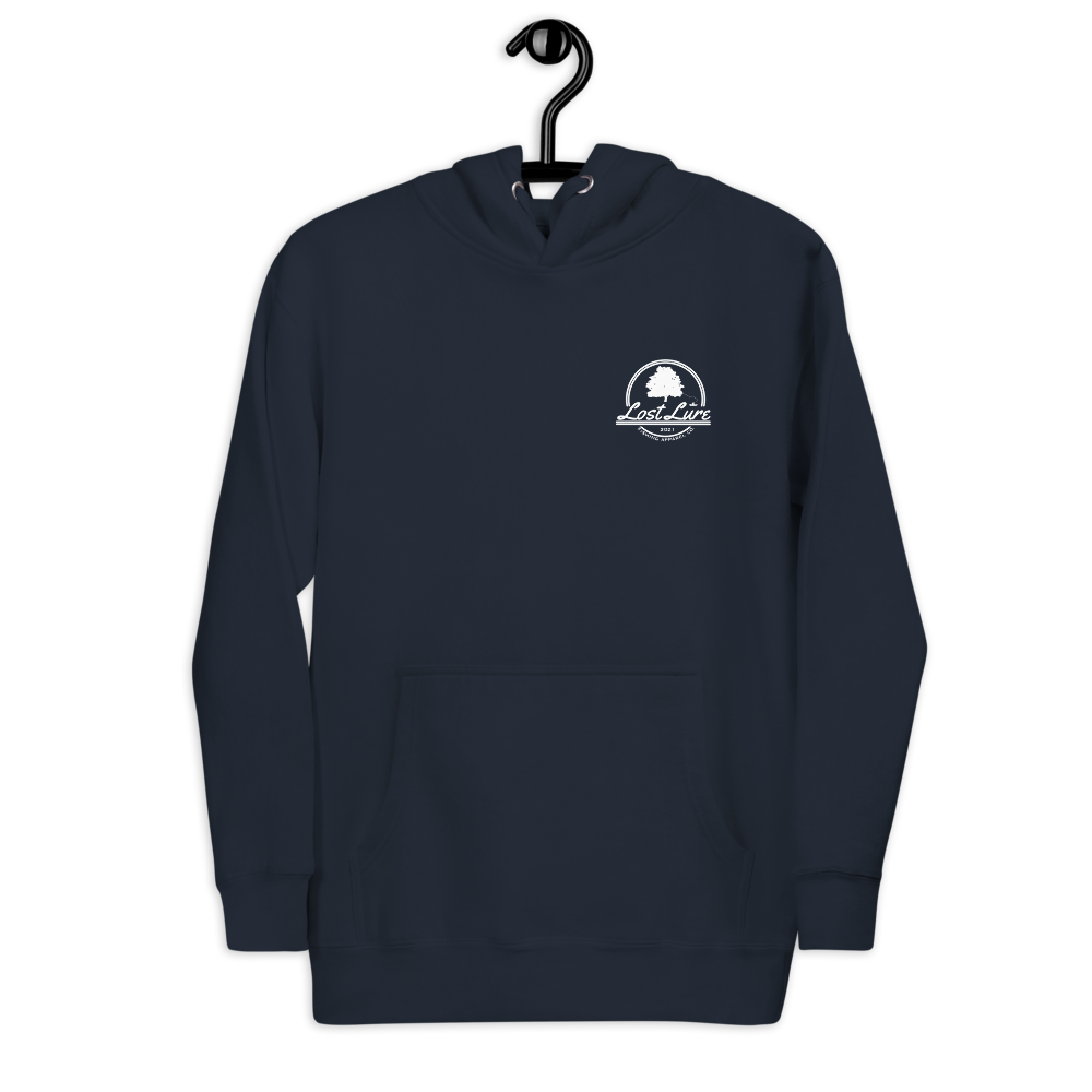 Fly fishing hoodie made by Lost Lure. It has a design on the back with a fly fisherman and the Rocky Mountains. Blue Fishing hoodie, front 
