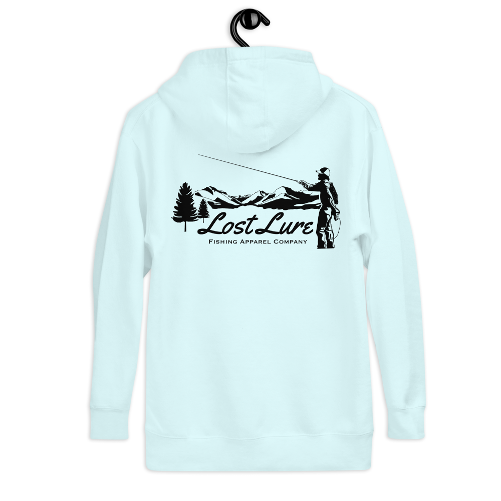 Fly fishing hoodie made by Lost Lure. It has a design on the back with a fly fisherman and the Rocky Mountains. Baby blue Fishing hoodie, Back side 