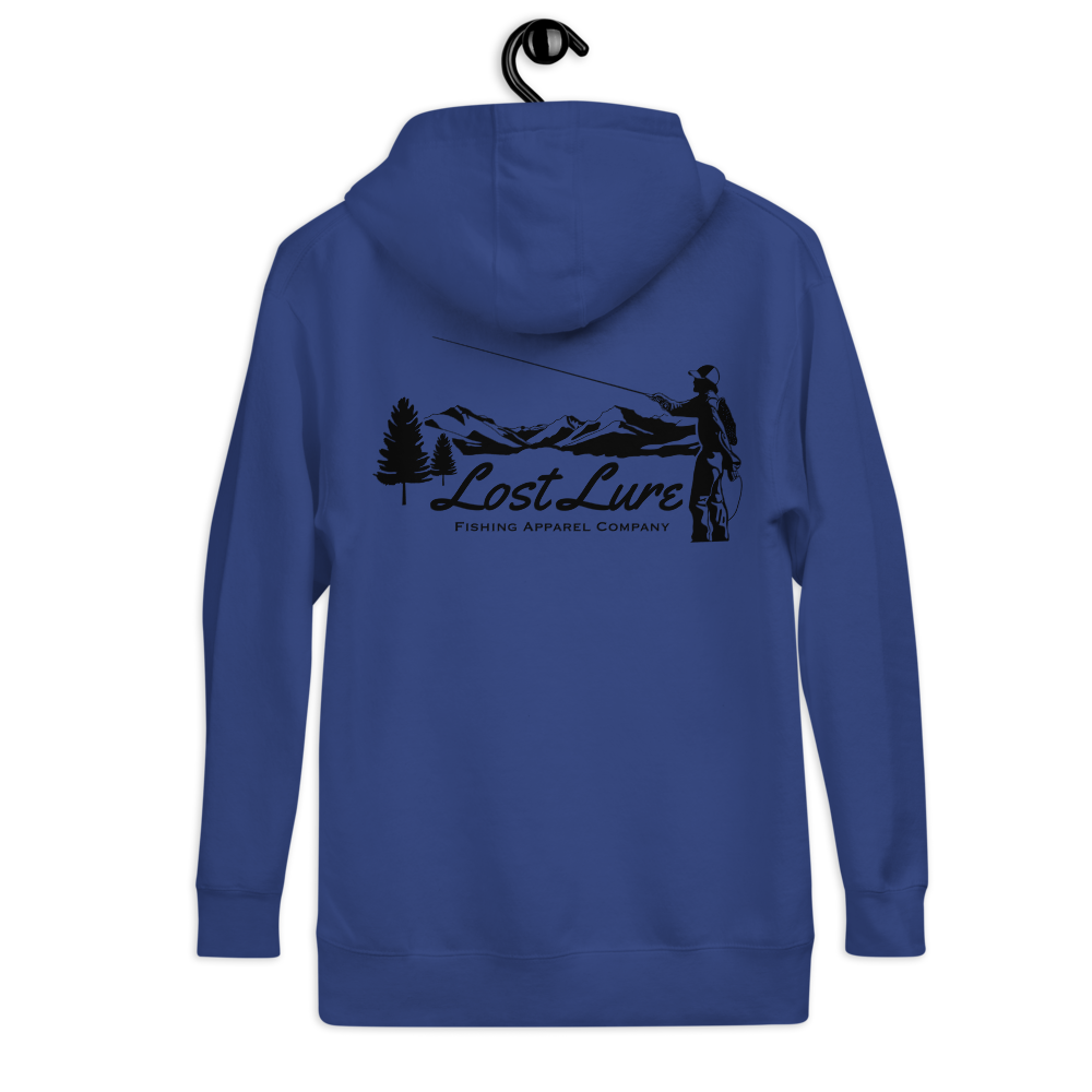 Fly fishing hoodie made by Lost Lure. It has a design on the back with a fly fisherman and the Rocky Mountains. Blue Fishing hoodie, back side