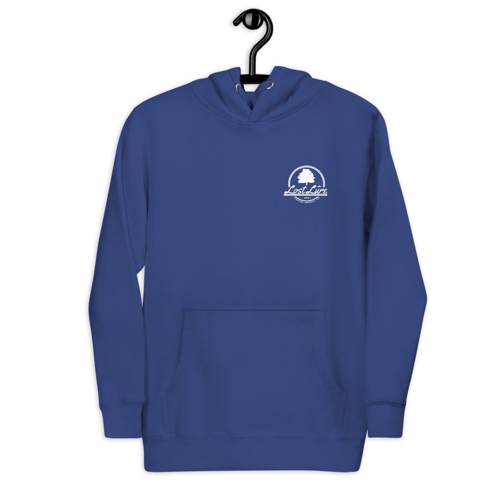Fly fishing hoodie made by Lost Lure. It has a design on the back with a fly fisherman and the Rocky Mountains. Blue Fishing hoodie, front side