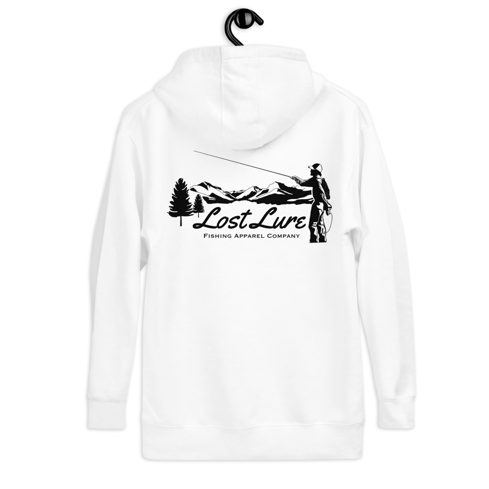 Fly fishing hoodie made by Lost Lure. It has a design on the back with a fly fisherman and the Rocky Mountains. White Fishing hoodie, Back side