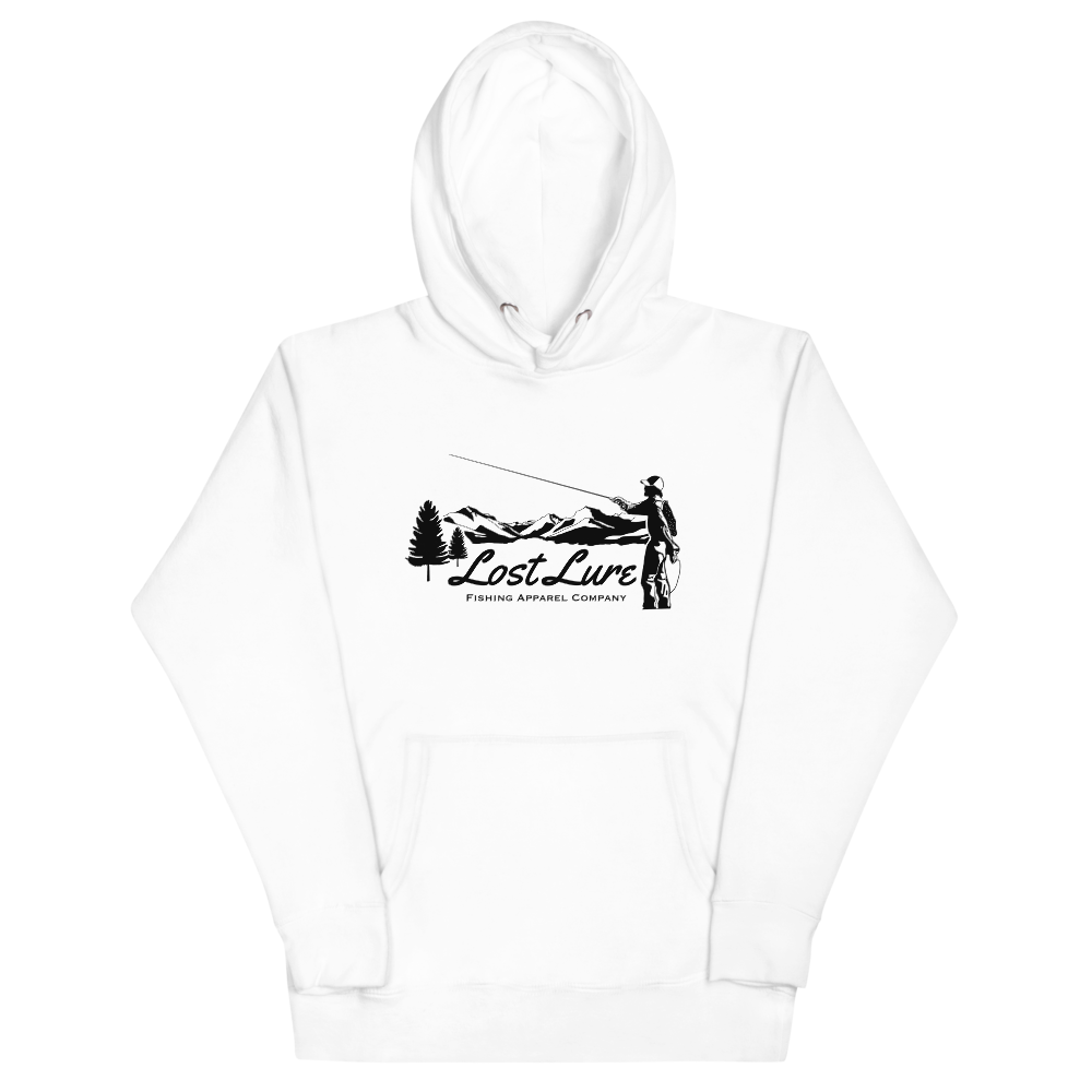 Fly fishing hoodie made by Lost Lure. It has a black design on the back with a fly fisherman and the Rocky Mountains. White hoodie, front side with hood up