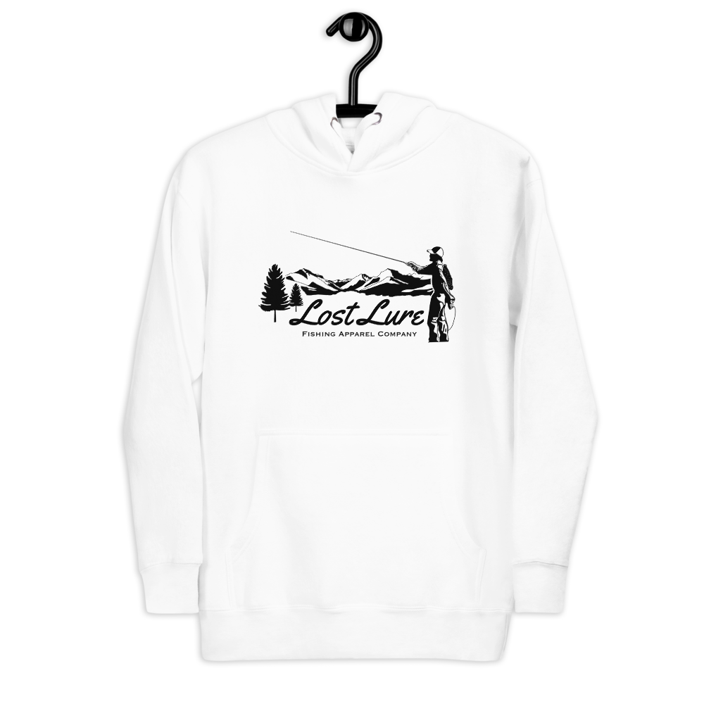 Fly fishing hoodie made by Lost Lure. It has a black design on the back with a fly fisherman and the Rocky Mountains. White hoodie, Front side, hood down 