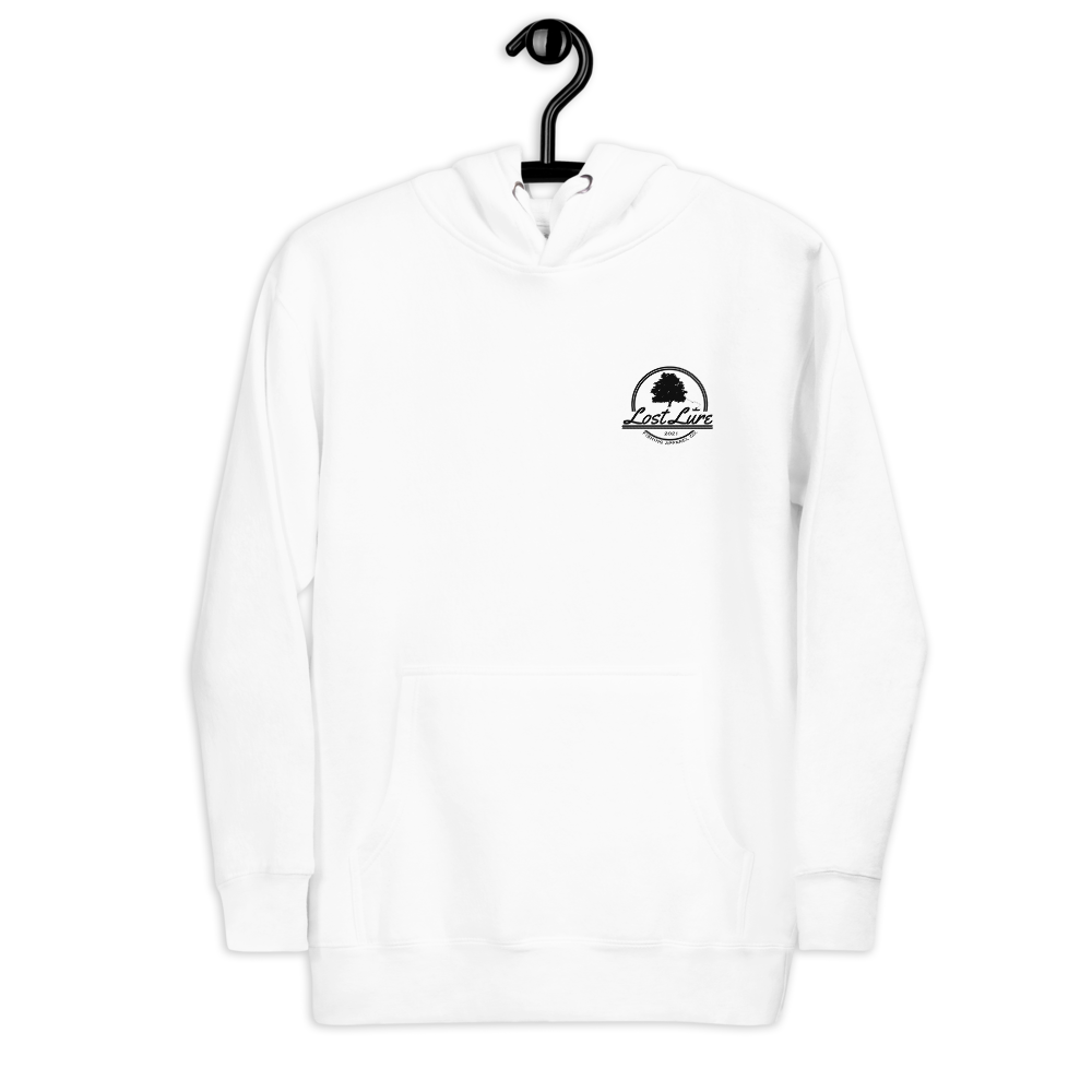Fly fishing hoodie made by Lost Lure. It has a design on the back with a fly fisherman and the Rocky Mountains. White Fishing hoodie, front side