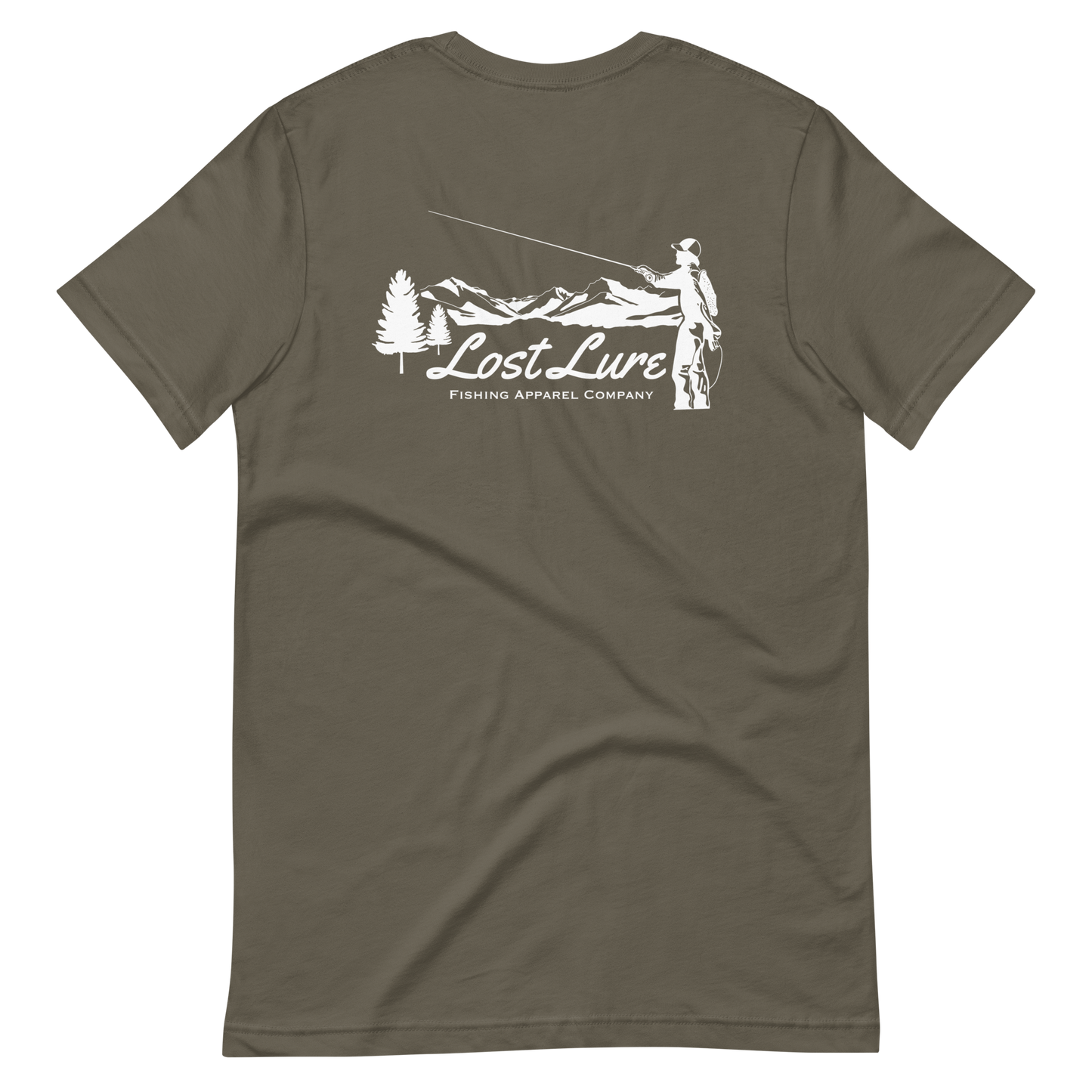 Fly fishing Lost lure shirt. It has a design on the back of the shirt black and white outline a fly fisherman and the Rocky Mountains. Green fishing shirt, back side 