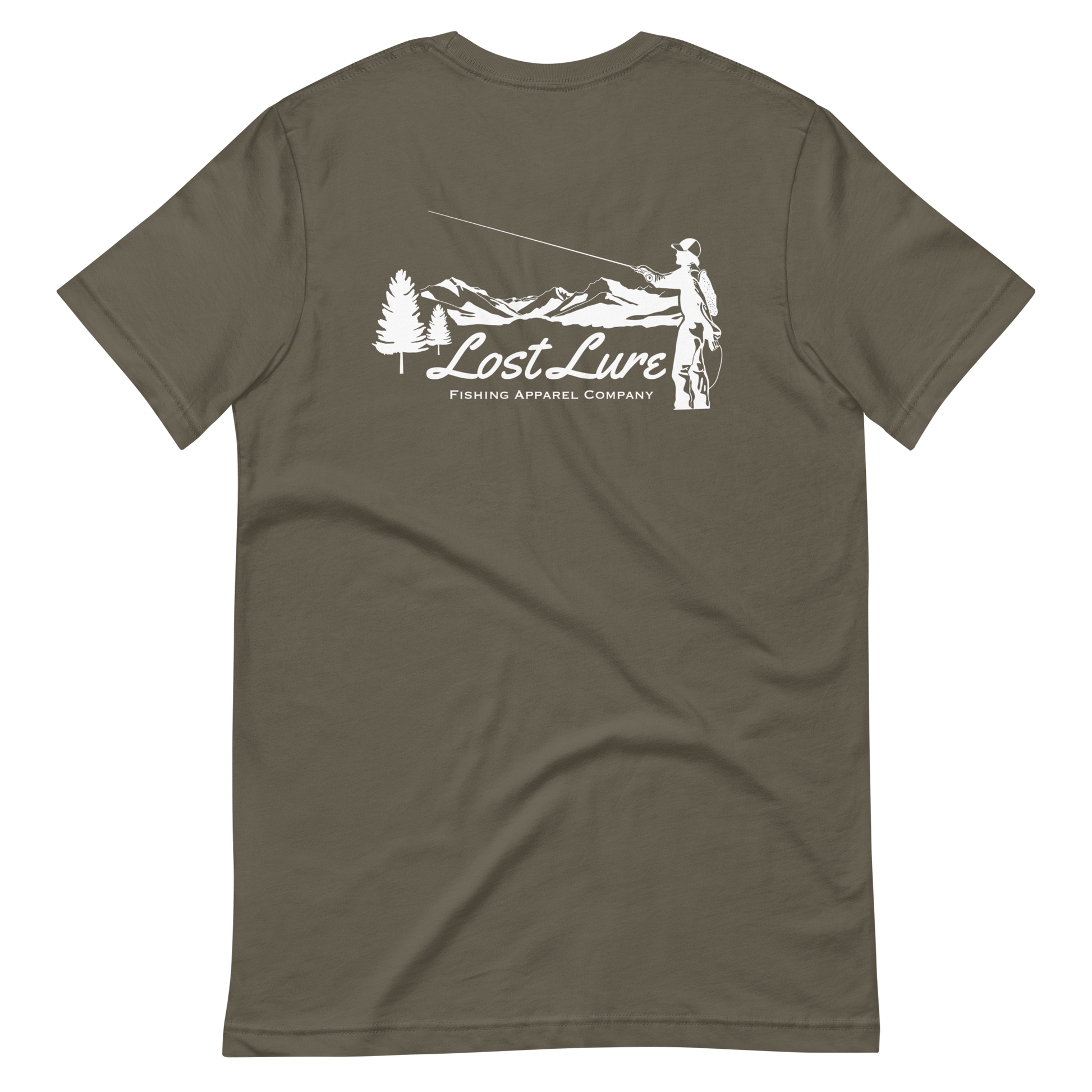 Fly fishing Lost lure shirt. It has a design on the back of the shirt black and white outline a fly fisherman and the Rocky Mountains. Green fishing shirt, back side 