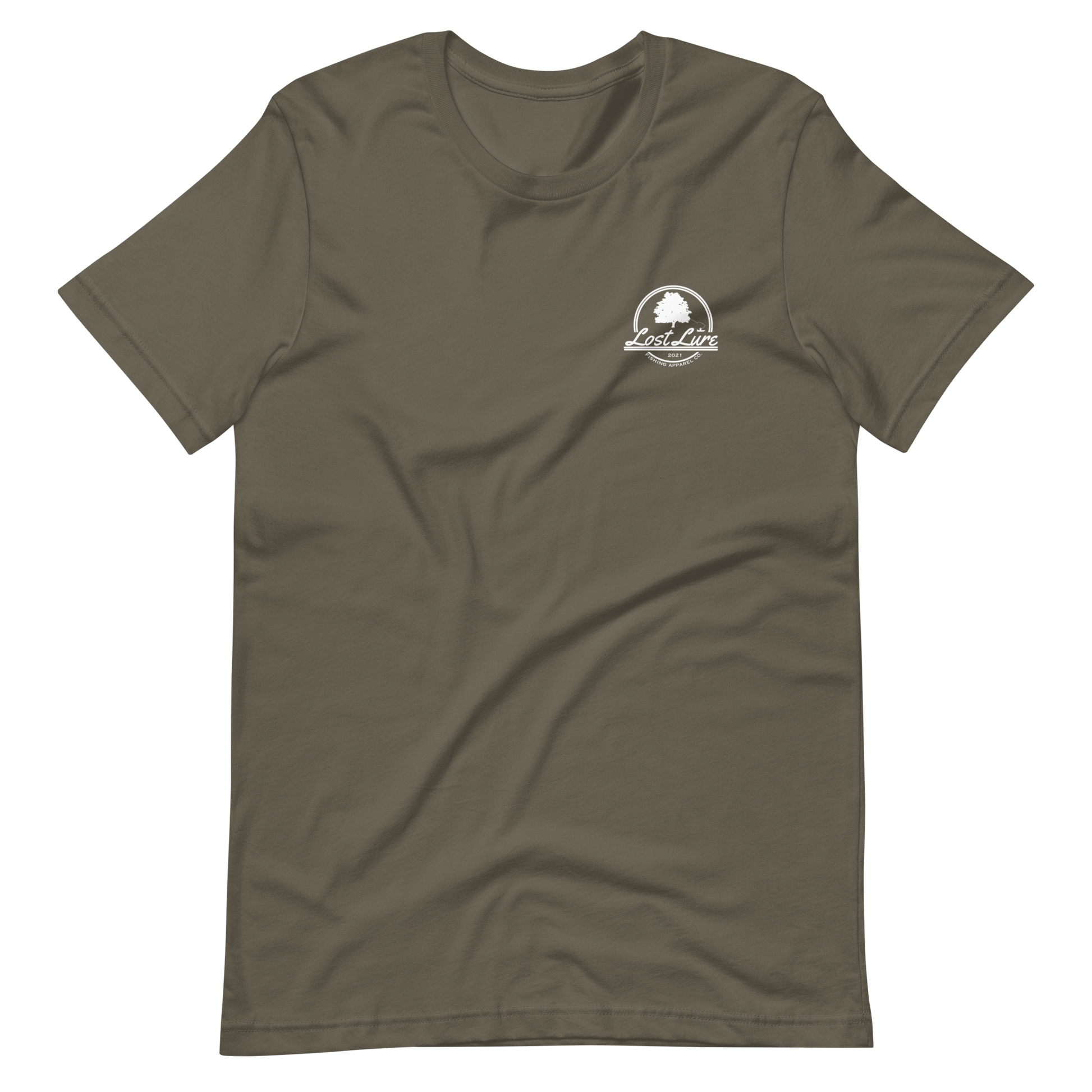 Fly fishing Lost lure shirt. It has a design on the back of the shirt black and white outline a fly fisherman and the Rocky Mountains. Light brown fishing shirt, front side