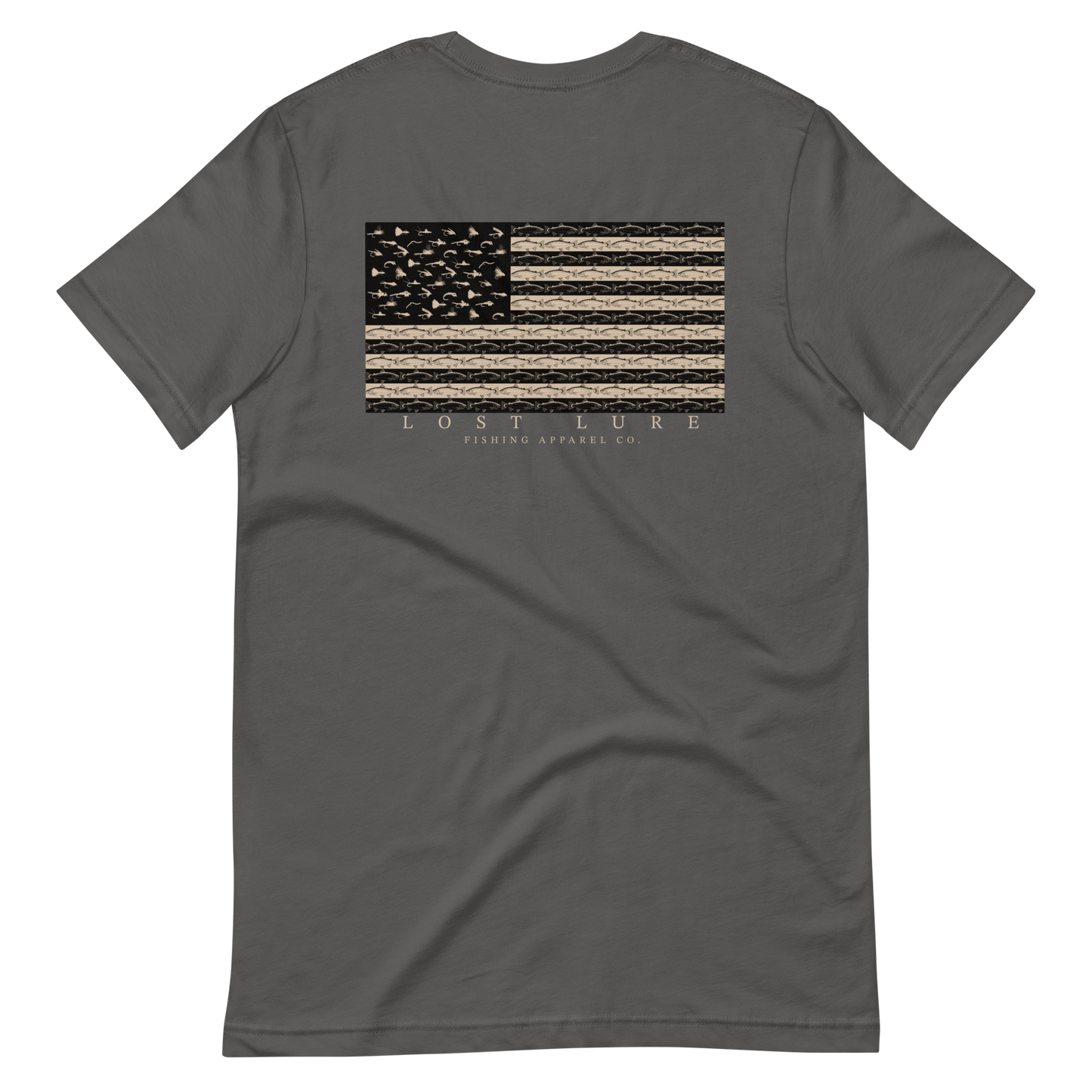 American Flag / US flag fishing shirt. It has 50 flies replacing the stars and trout as the stripes. Grey Lost Lure fishing shirt, back side