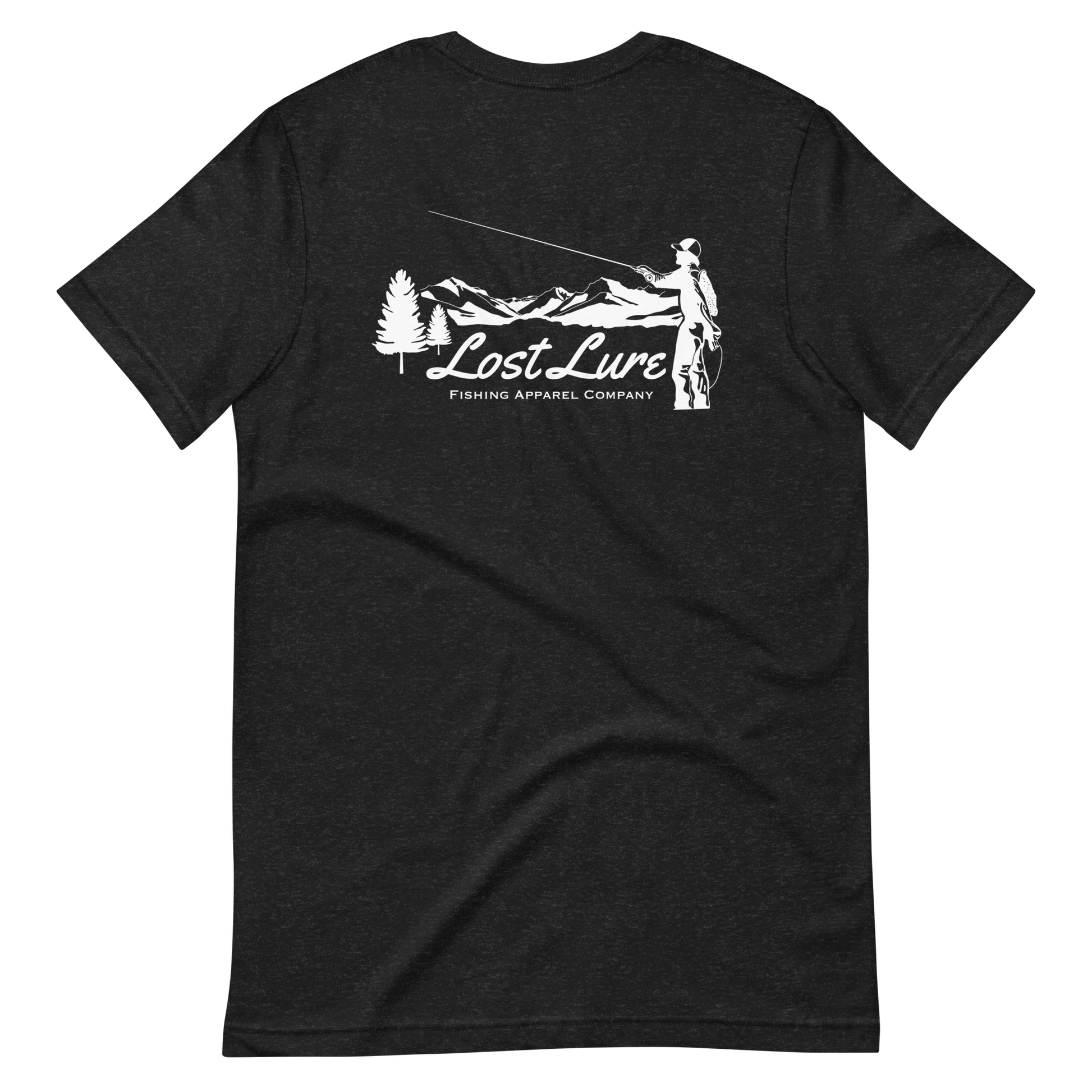 Fly fishing Lost lure shirt. It has a design on the back of the shirt black and white outline a fly fisherman and the Rocky Mountains. Dark grey fishing shirt, back side
