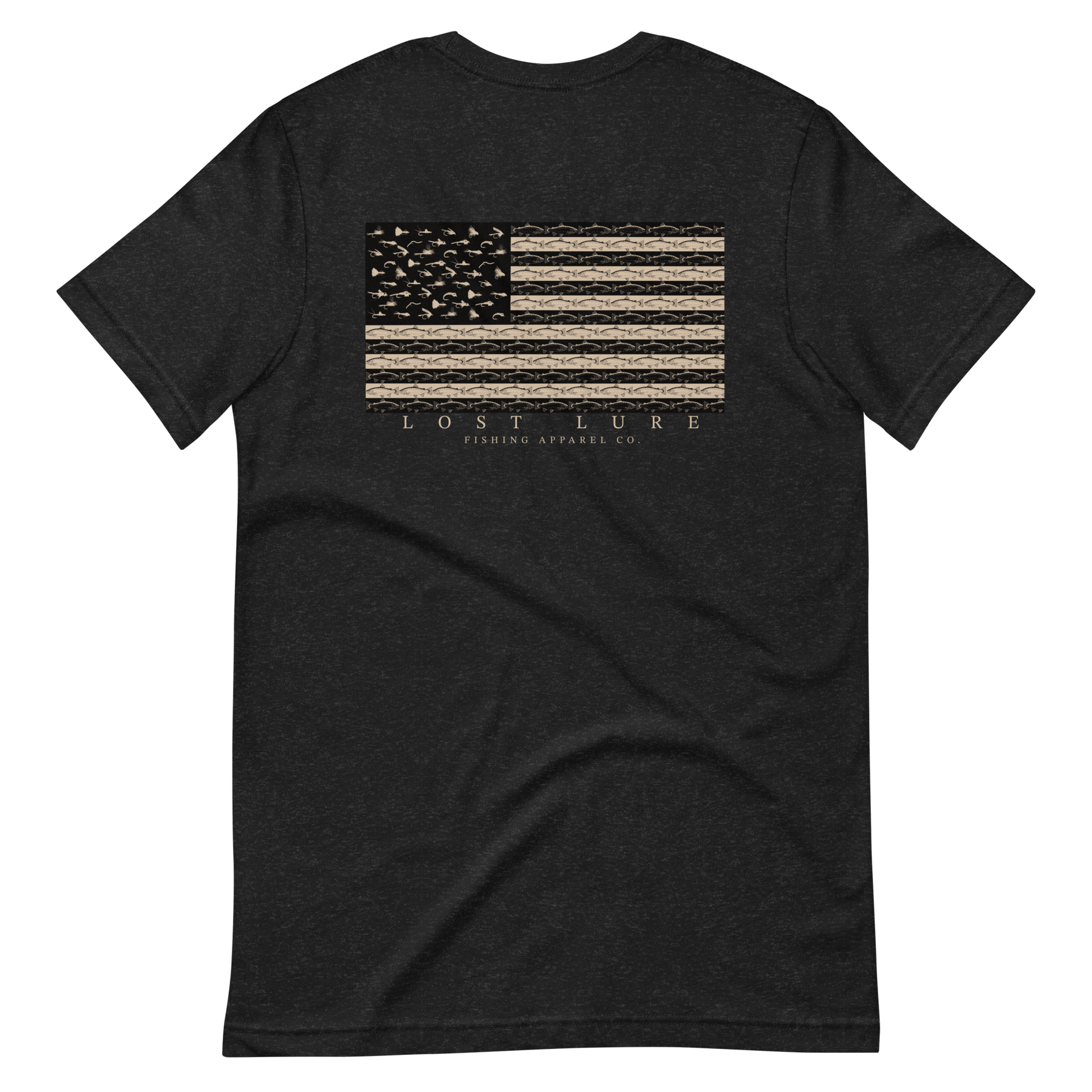 American Flag / US flag fishing shirt. It has 50 flies replacing the stars and trout as the stripes. Dark Grey Lost Lure fishing shirt back side