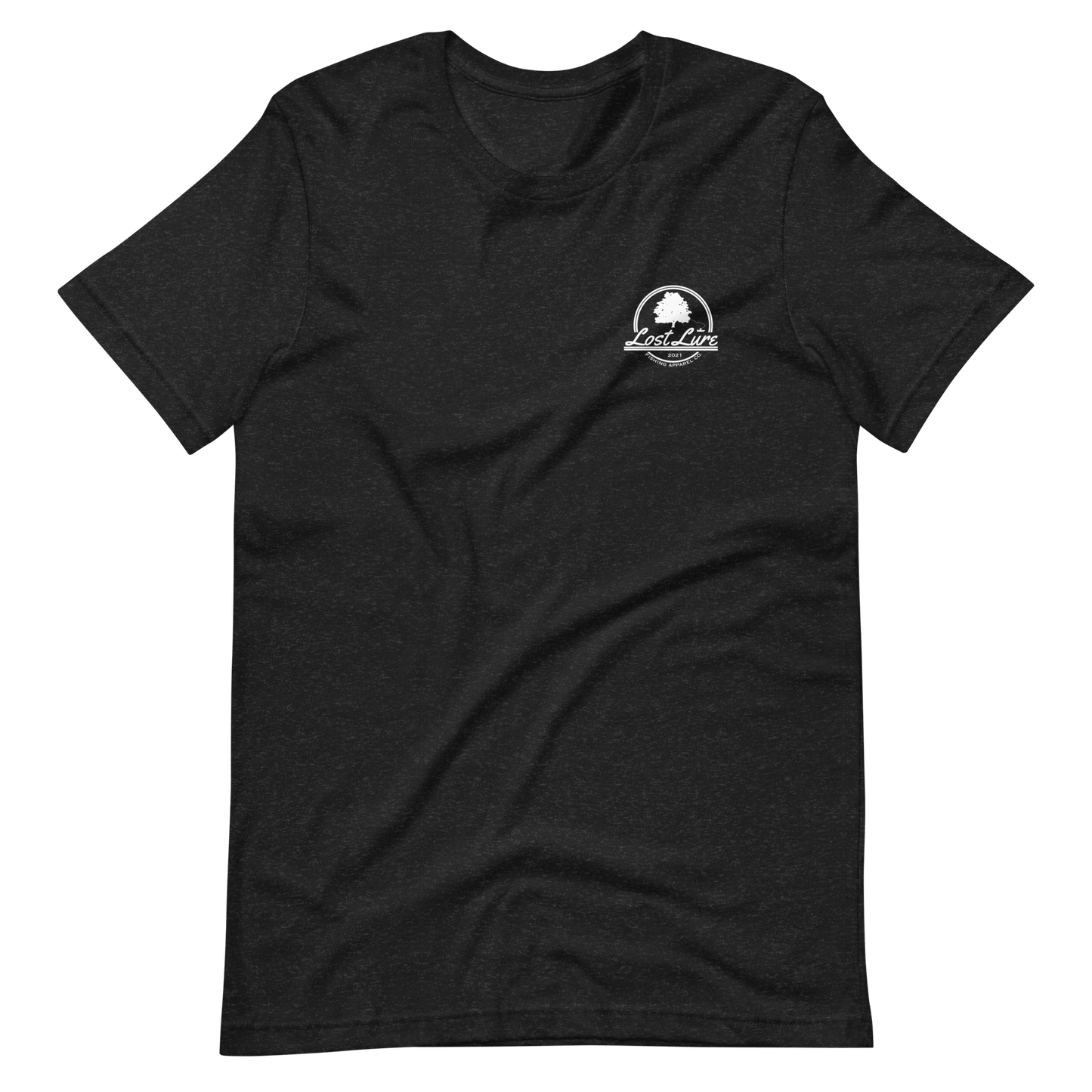 Fly fishing Lost lure shirt. It has a design on the back of the shirt black and white outline a fly fisherman and the Rocky Mountains.Dark grey fishing shirt, front side 