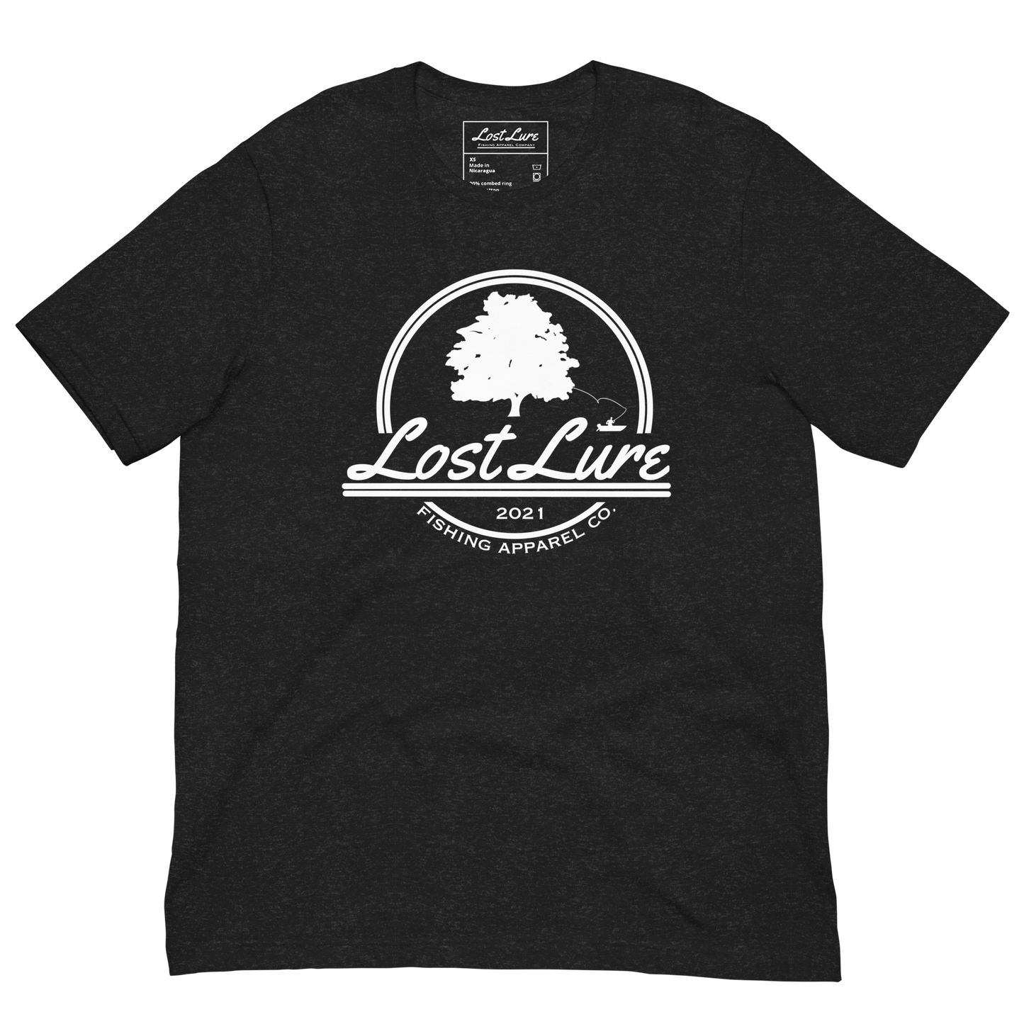 Dark grey lost lure fishing shirt. Funny lost lure logo with fisherman snagged in tree 