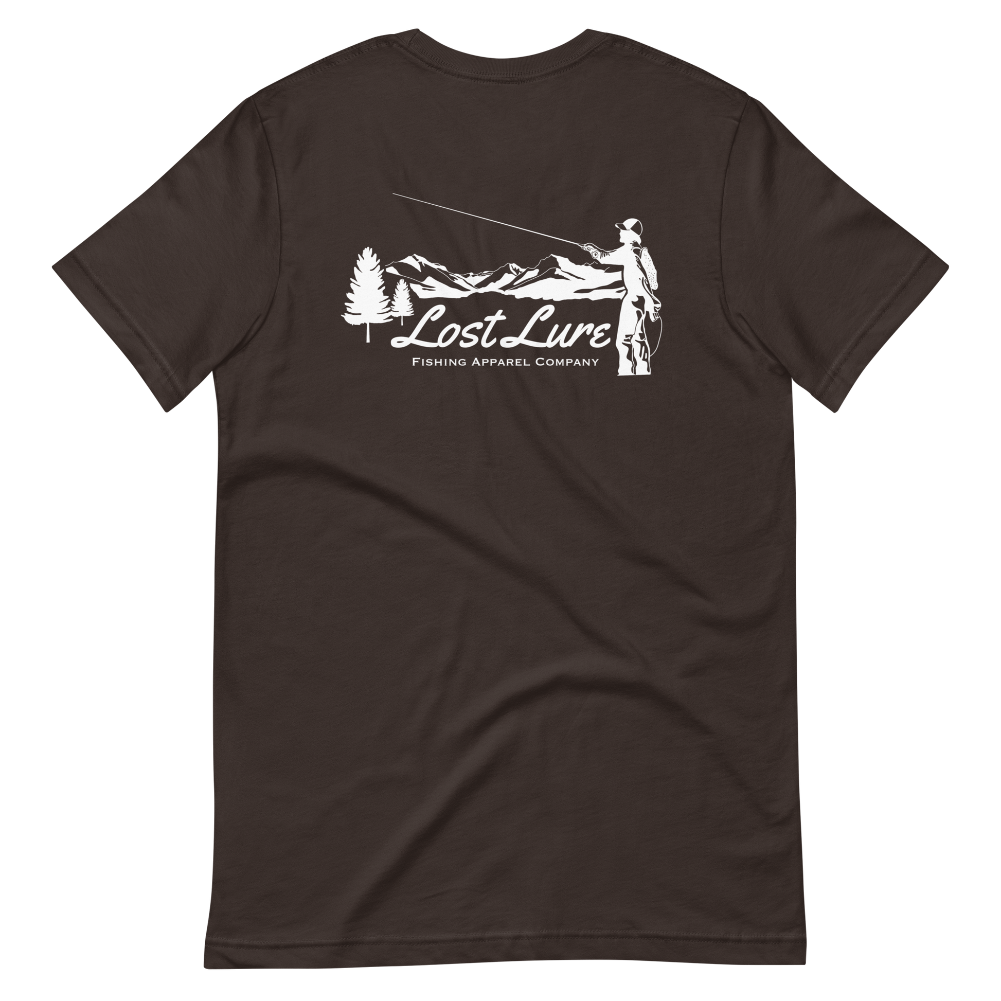 Fly fishing Lost lure shirt. It has a design on the back of the shirt black and white outline a fly fisherman and the Rocky Mountains. Brown fishing shirt, back side