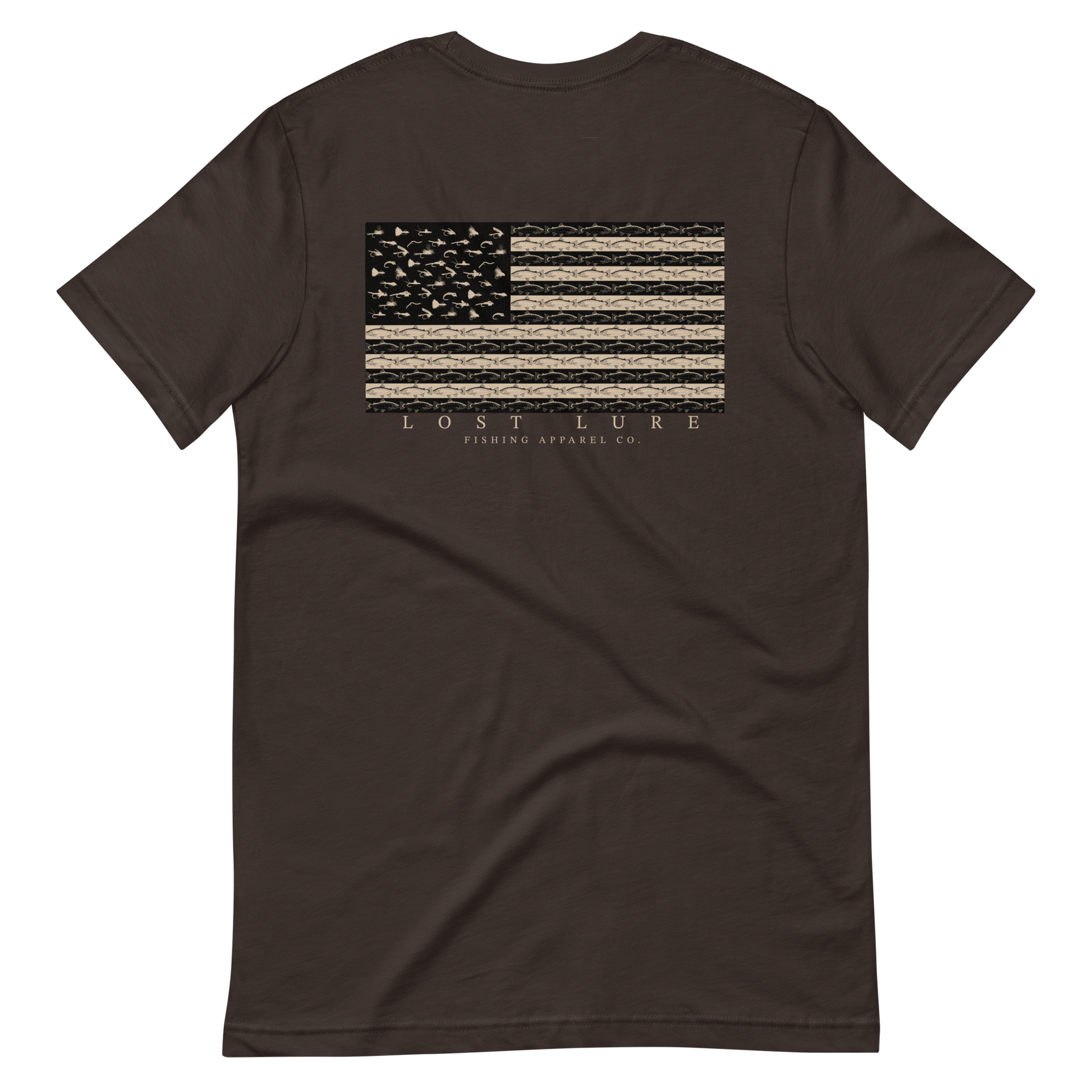 American Flag / US flag fishing shirt. It has 50 flies replacing the stars and trout as the stripes. brown Lost Lure fishing shirt. Back side